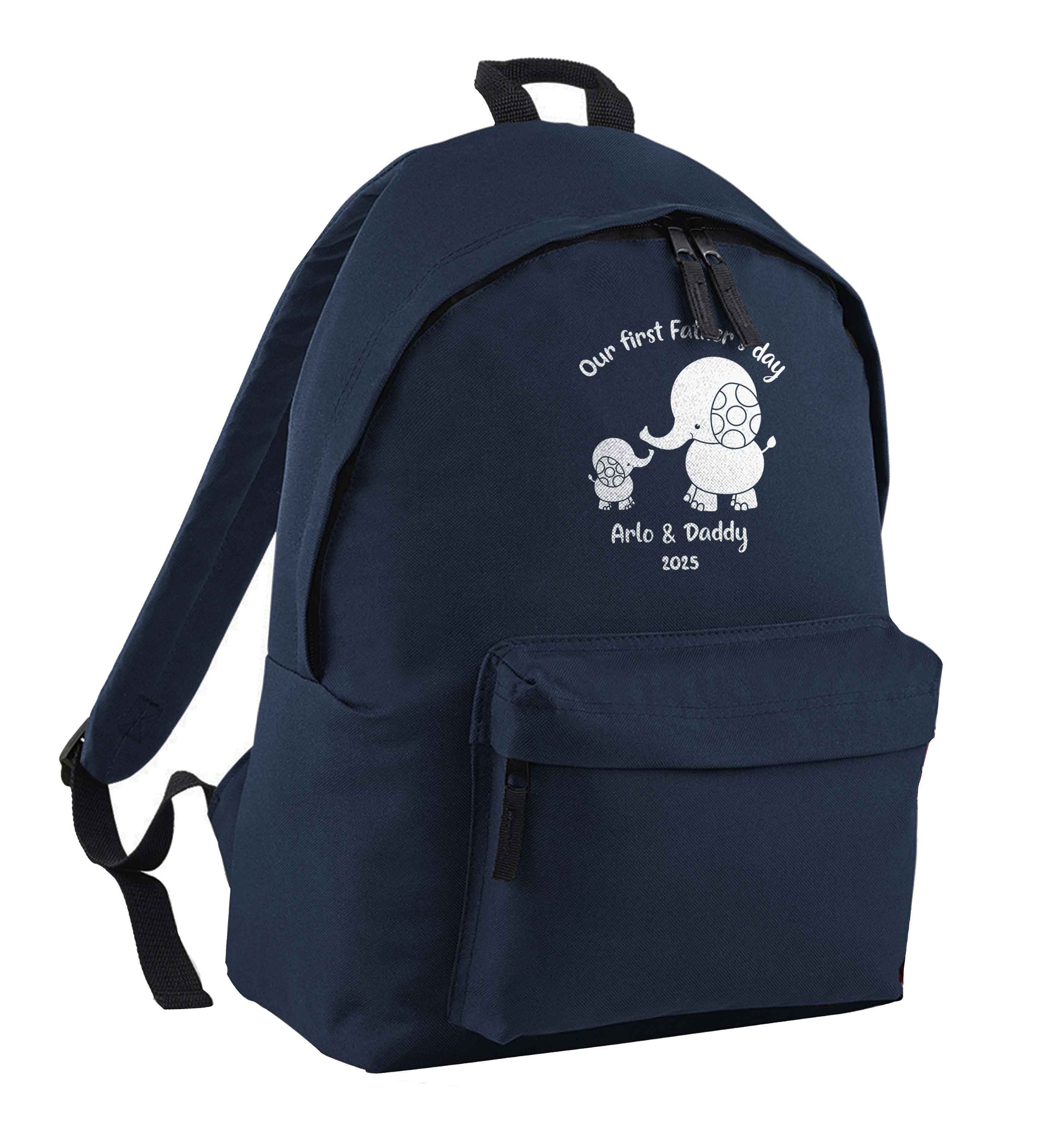 Our first Father's day personalised date and names navy children's backpack