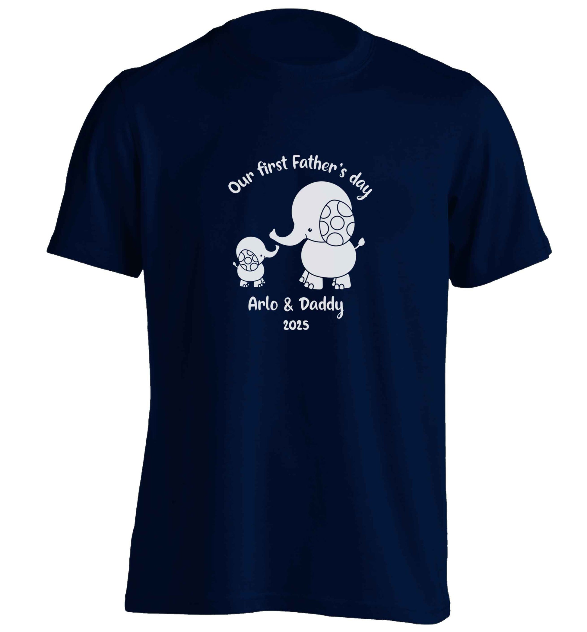 Our first Father's day personalised date and names adults unisex navy Tshirt 2XL
