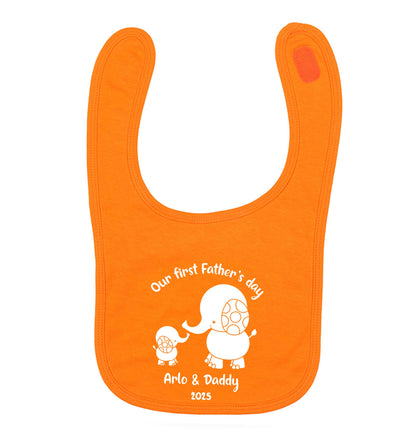 Our first Father's day personalised date and names orange baby bib