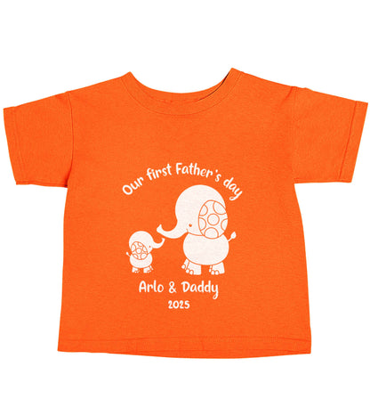 Our first Father's day personalised date and names orange baby toddler Tshirt 2 Years