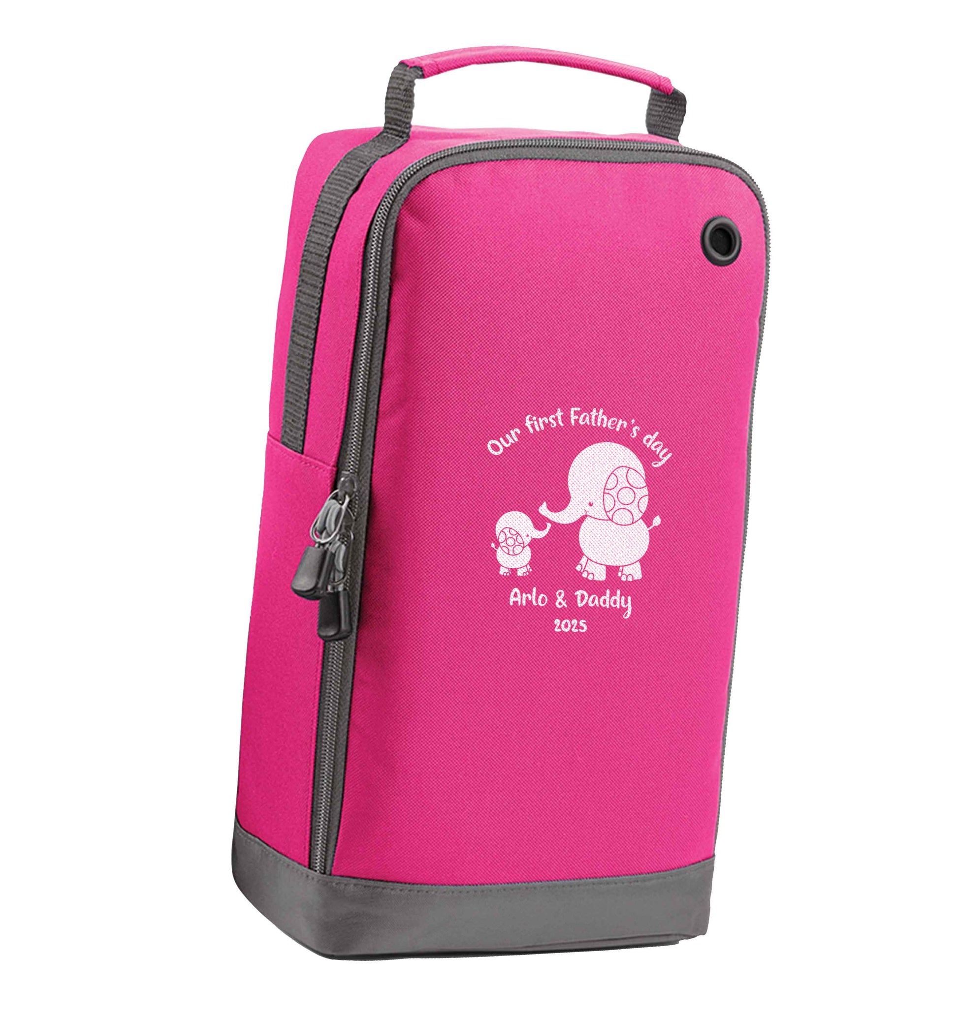 Our first Father's day personalised date and names pink sports shoe bag vertical print