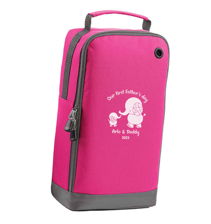 Our first Father's day personalised date and names pink sports shoe bag vertical print