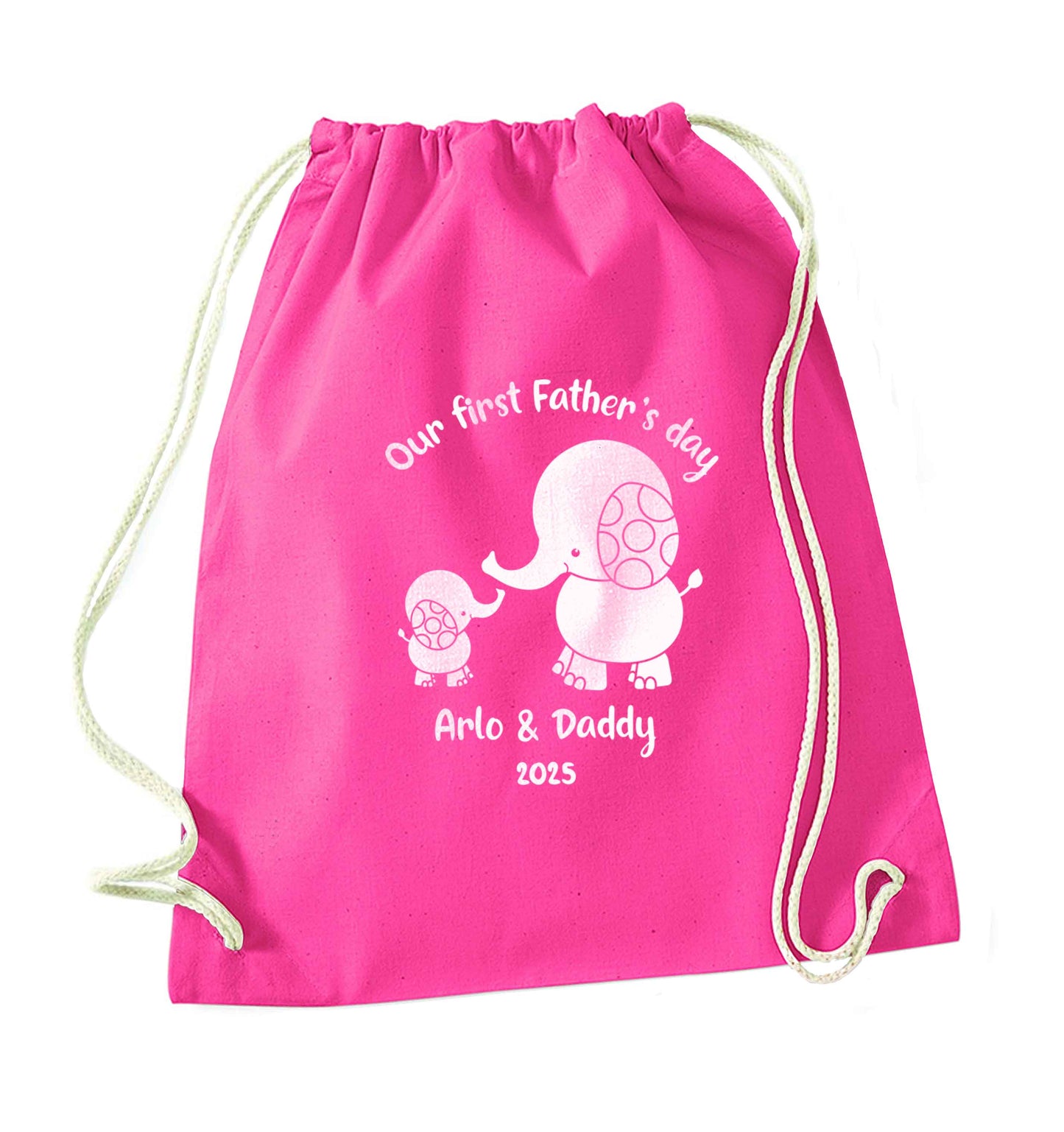 Our first Father's day personalised date and names pink drawstring bag