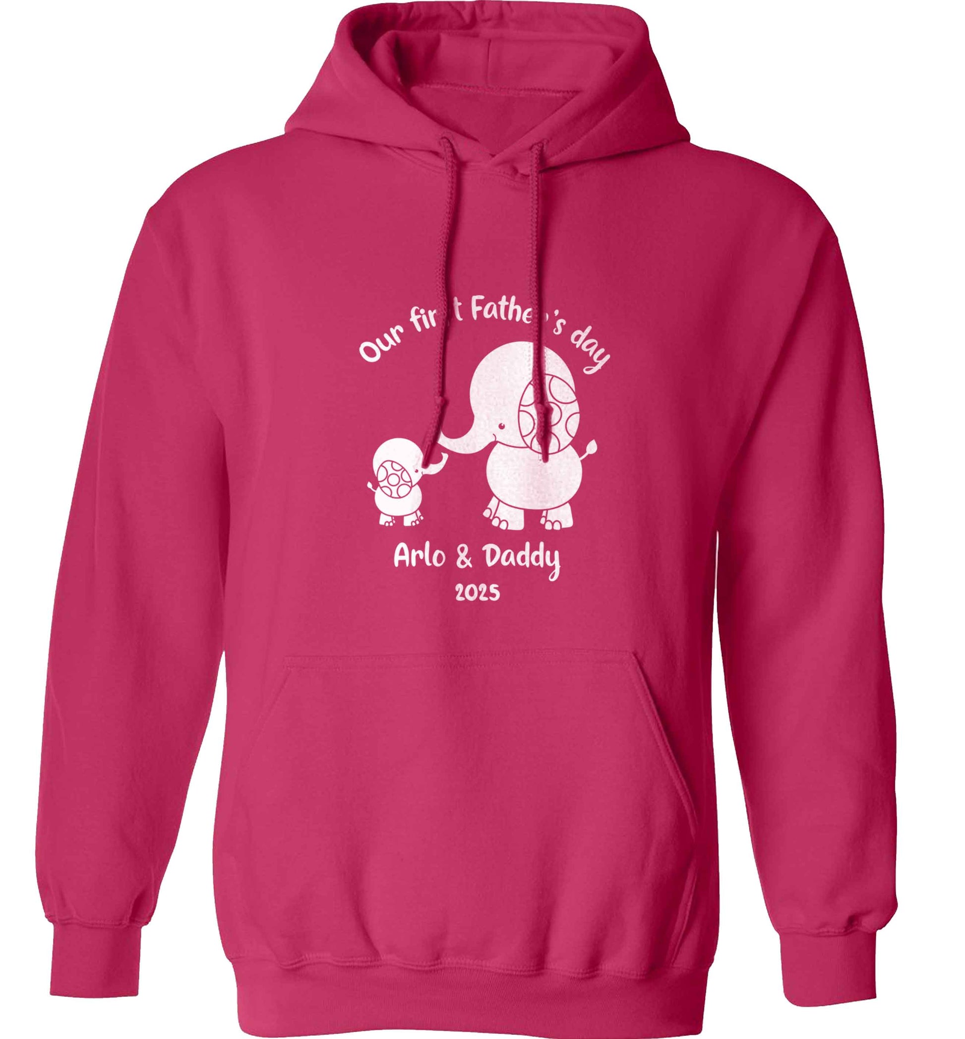 Our first Father's day personalised date and names adults unisex pink hoodie 2XL