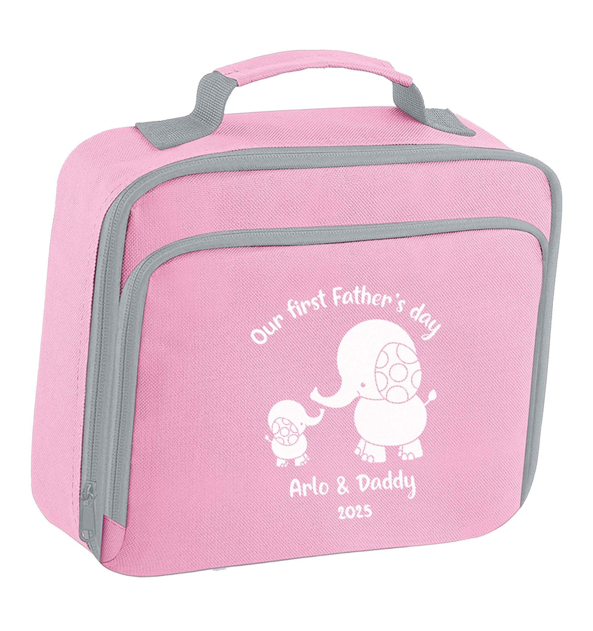 Our first Father's day personalised date and names insulated pink lunch bag cooler