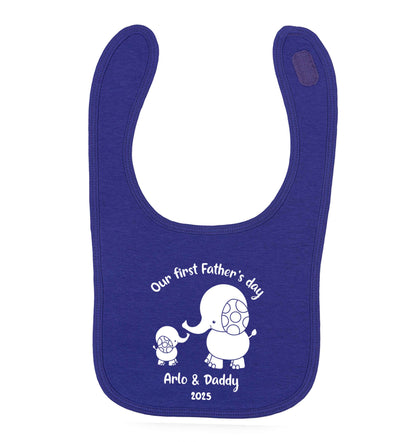 Our first Father's day personalised date and names purple baby bib