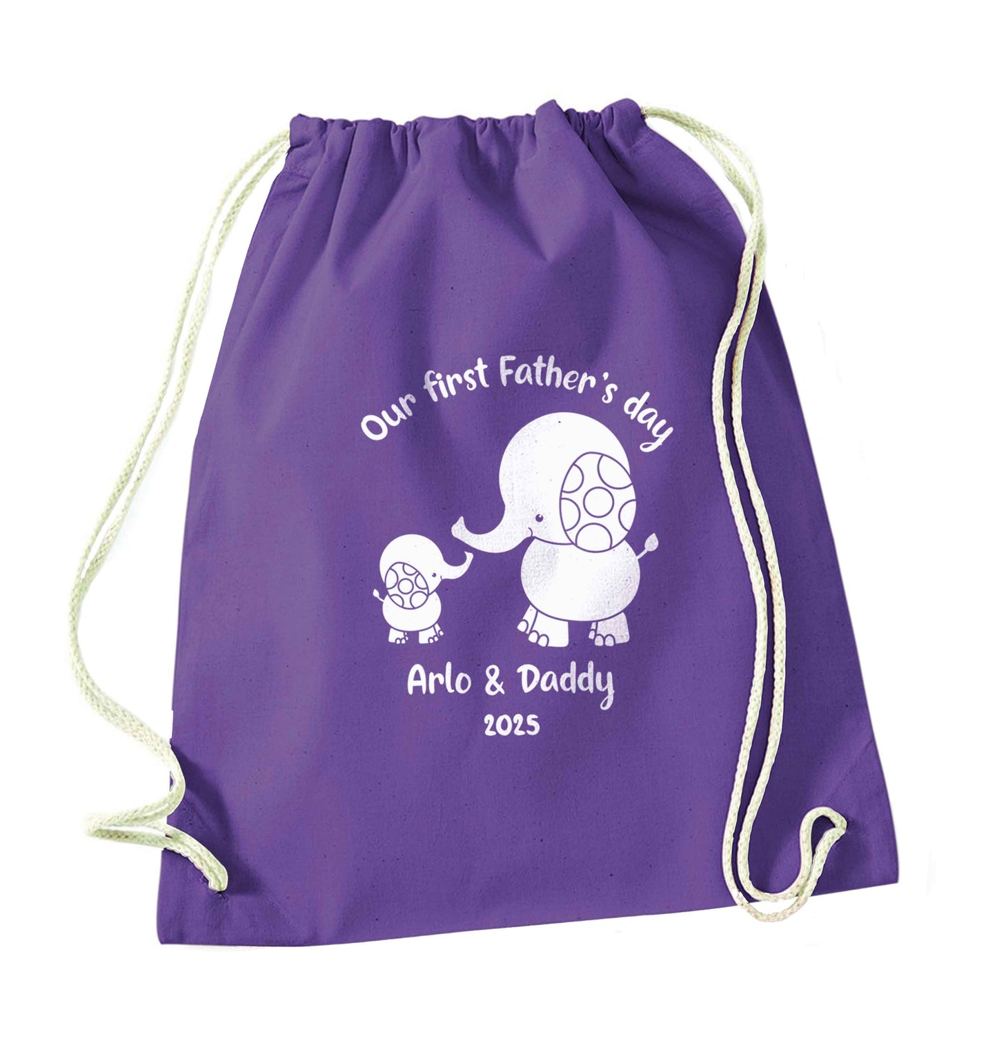 Our first Father's day personalised date and names purple drawstring bag