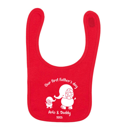 Our first Father's day personalised date and names red baby bib