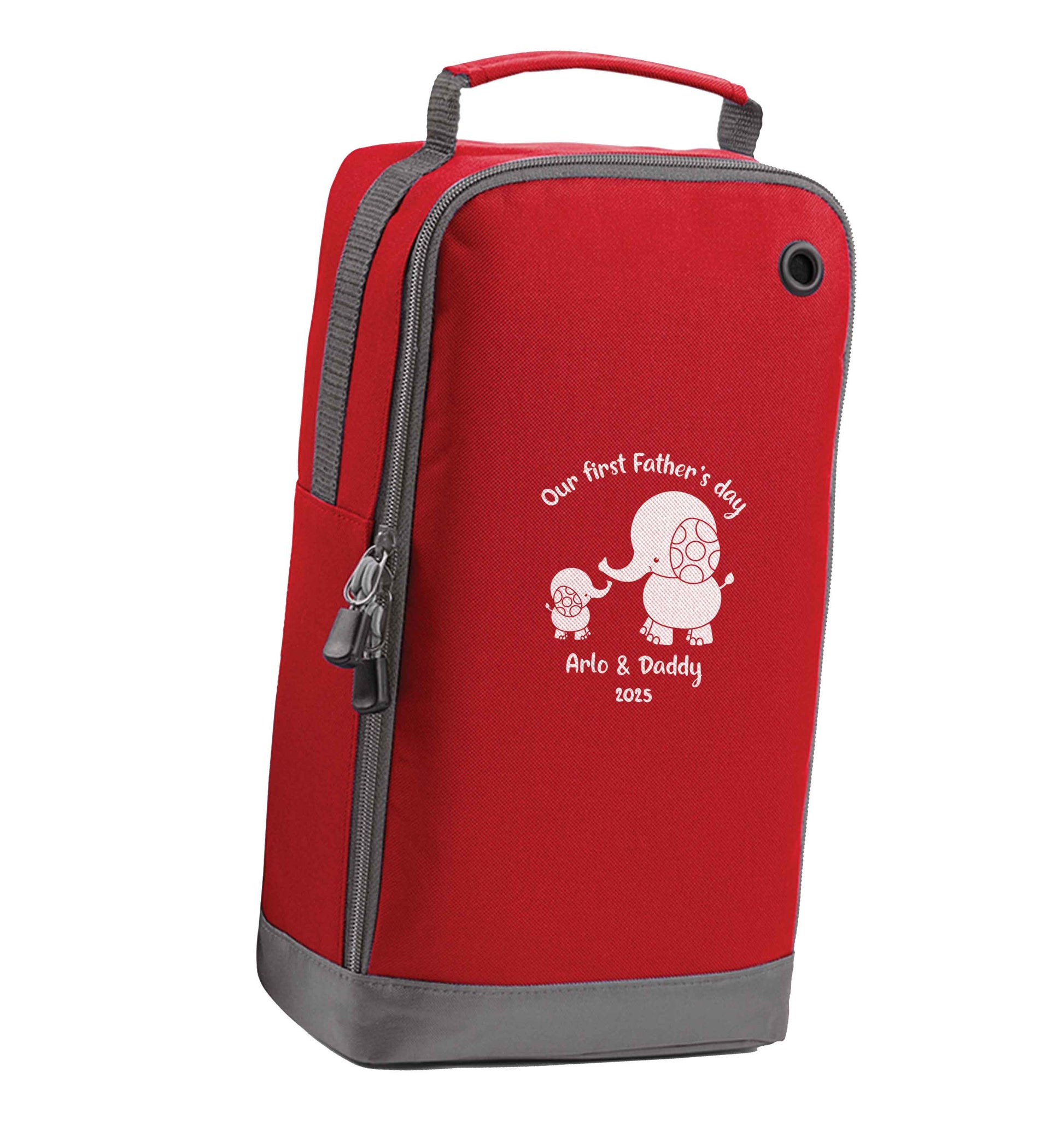 Our first Father's day personalised date and names red sports shoe bag vertical print