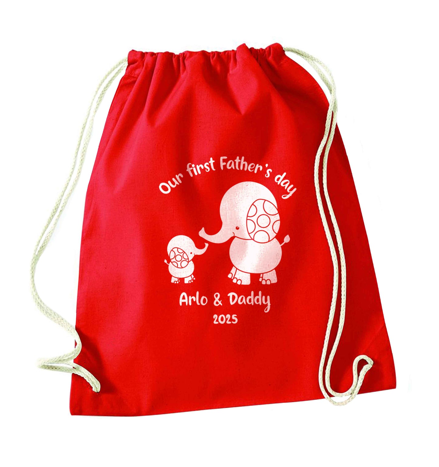 Our first Father's day personalised date and names red drawstring bag 