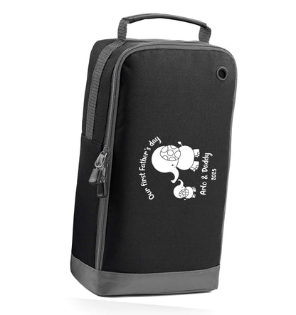 Our first Father's day personalised date and names black sports shoe bag horizontal print