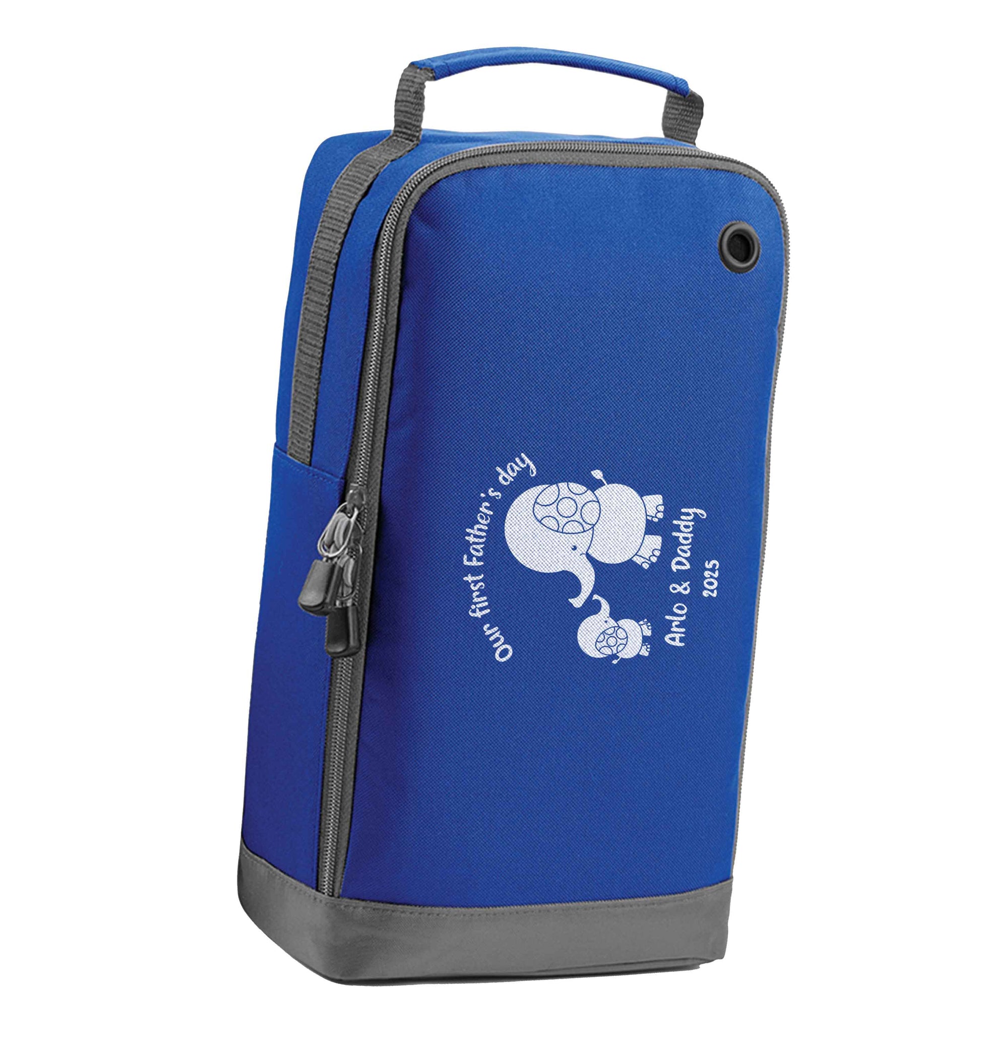 Our first Father's day personalised date and names blue sports shoe bag horizontal print