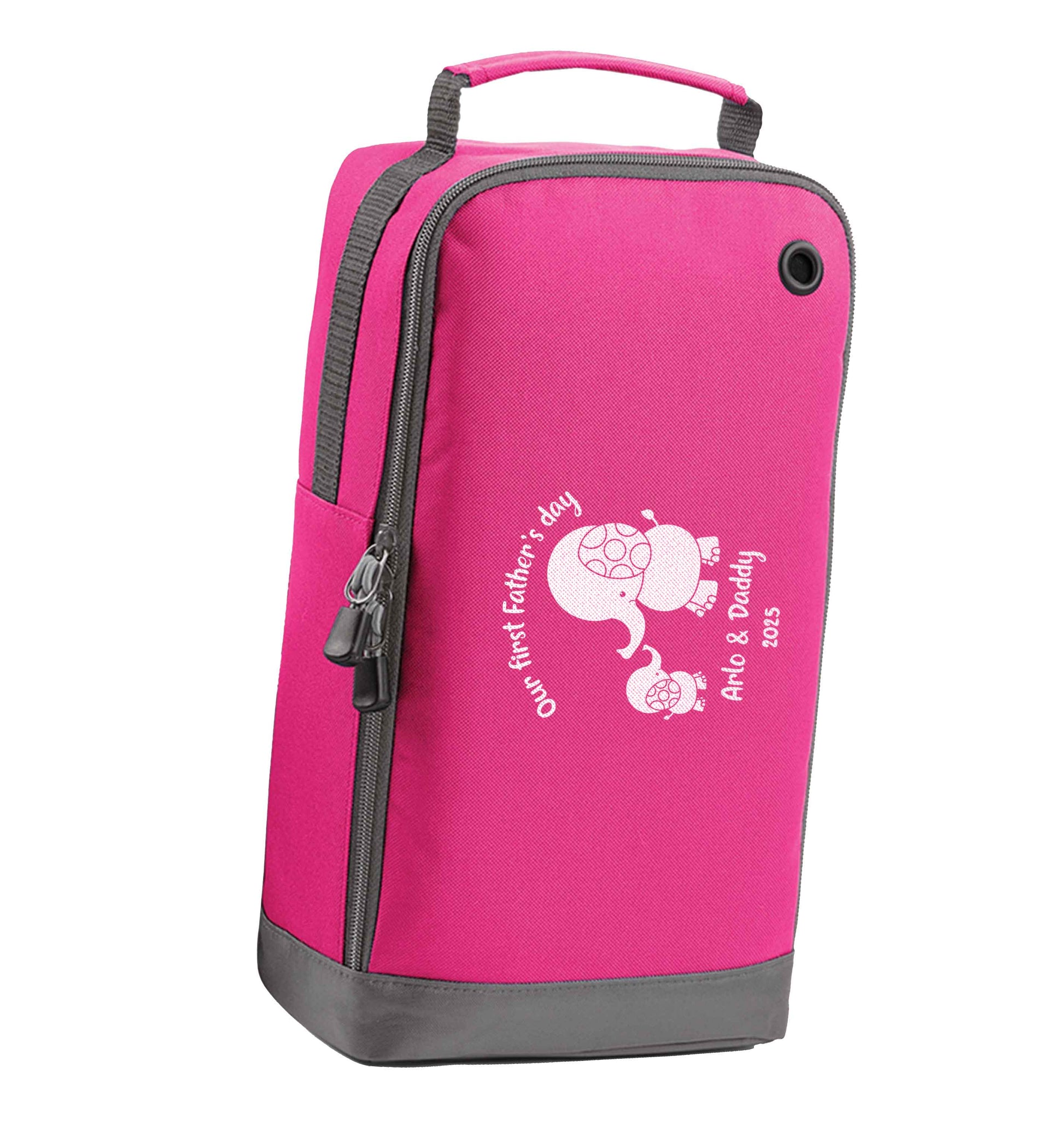 Our first Father's day personalised date and names pink sports shoe bag horizontal print