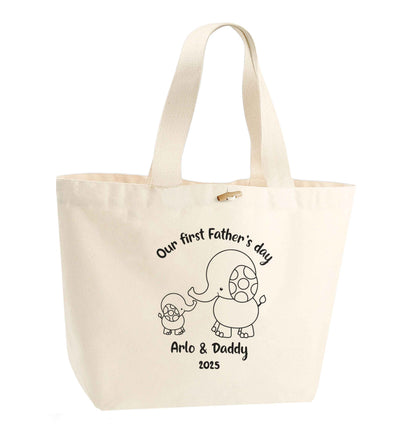Our first Father's day personalised date and names organic cotton premium tote bag with wooden toggle in natural