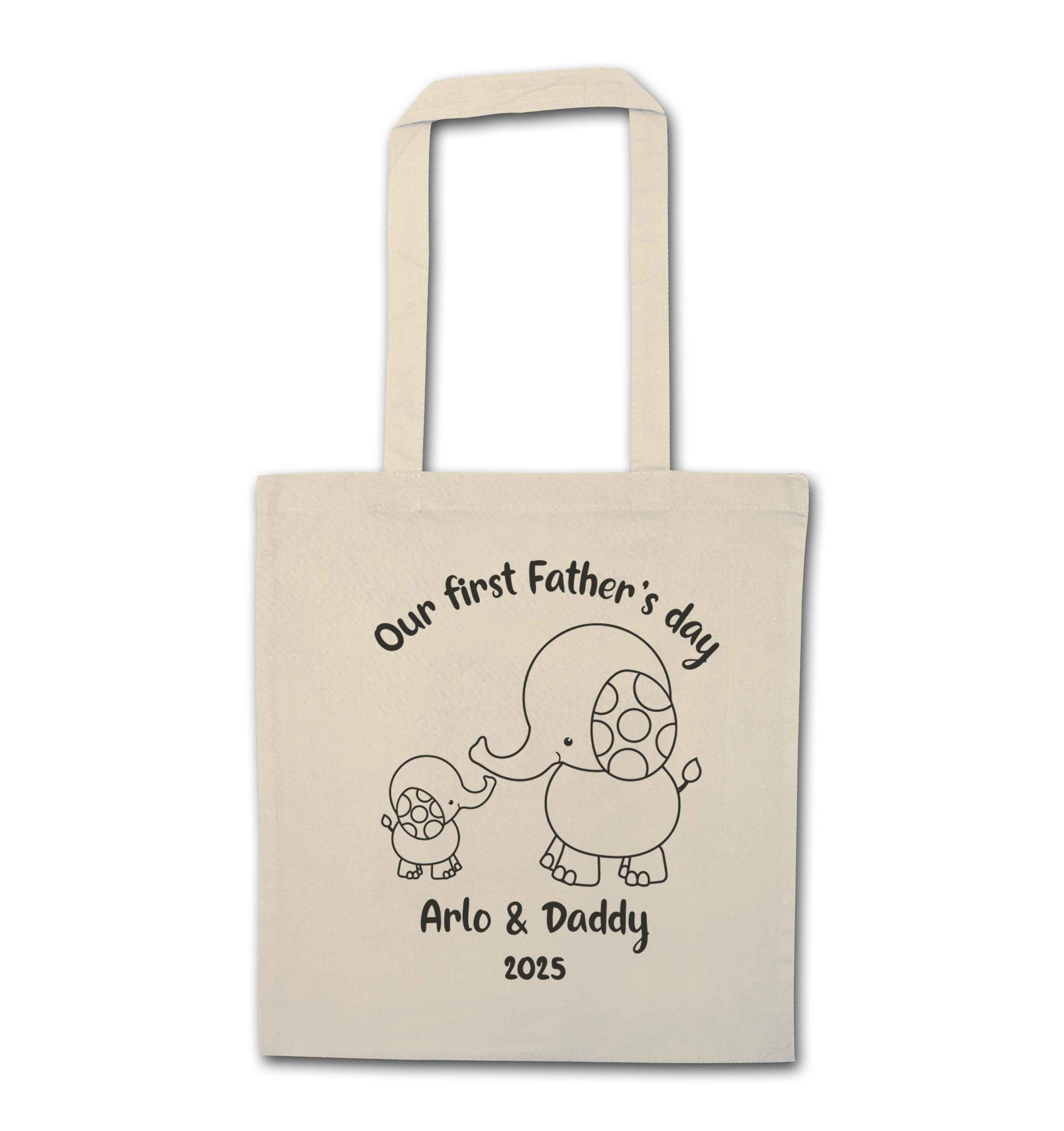 Our first Father's day personalised date and names natural tote bag