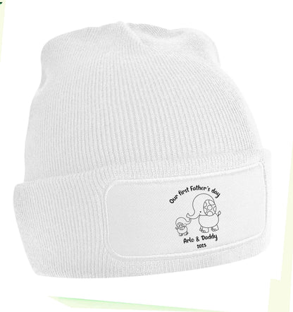Our first Father's day personalised date and names beanie hat