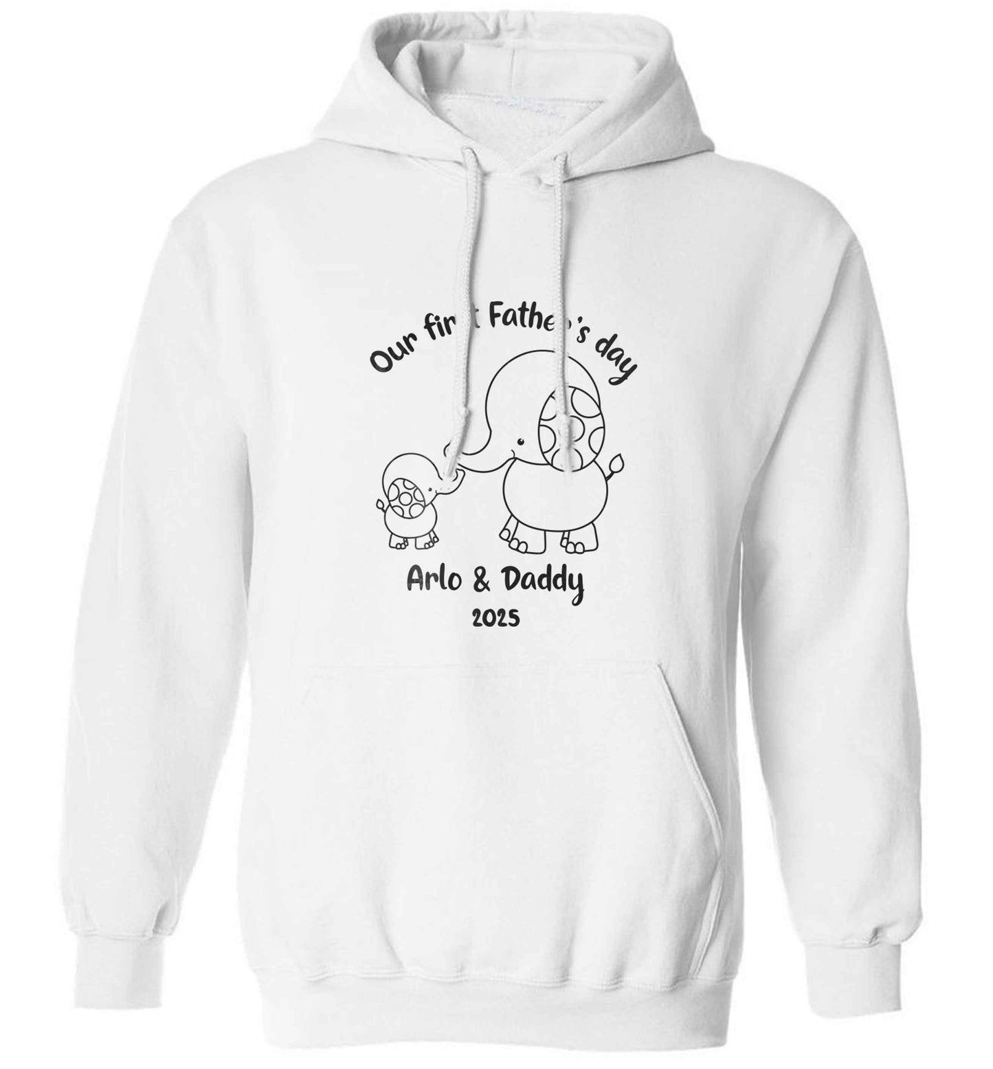 Our first Father's day personalised date and names adults unisex white hoodie 2XL