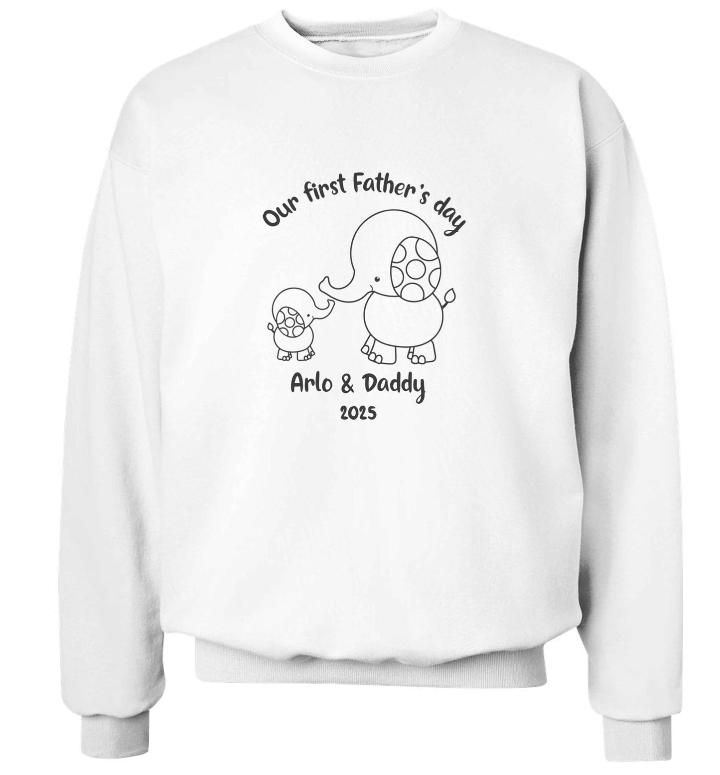 Our first Father's day personalised date and names adult's unisex white sweater 2XL