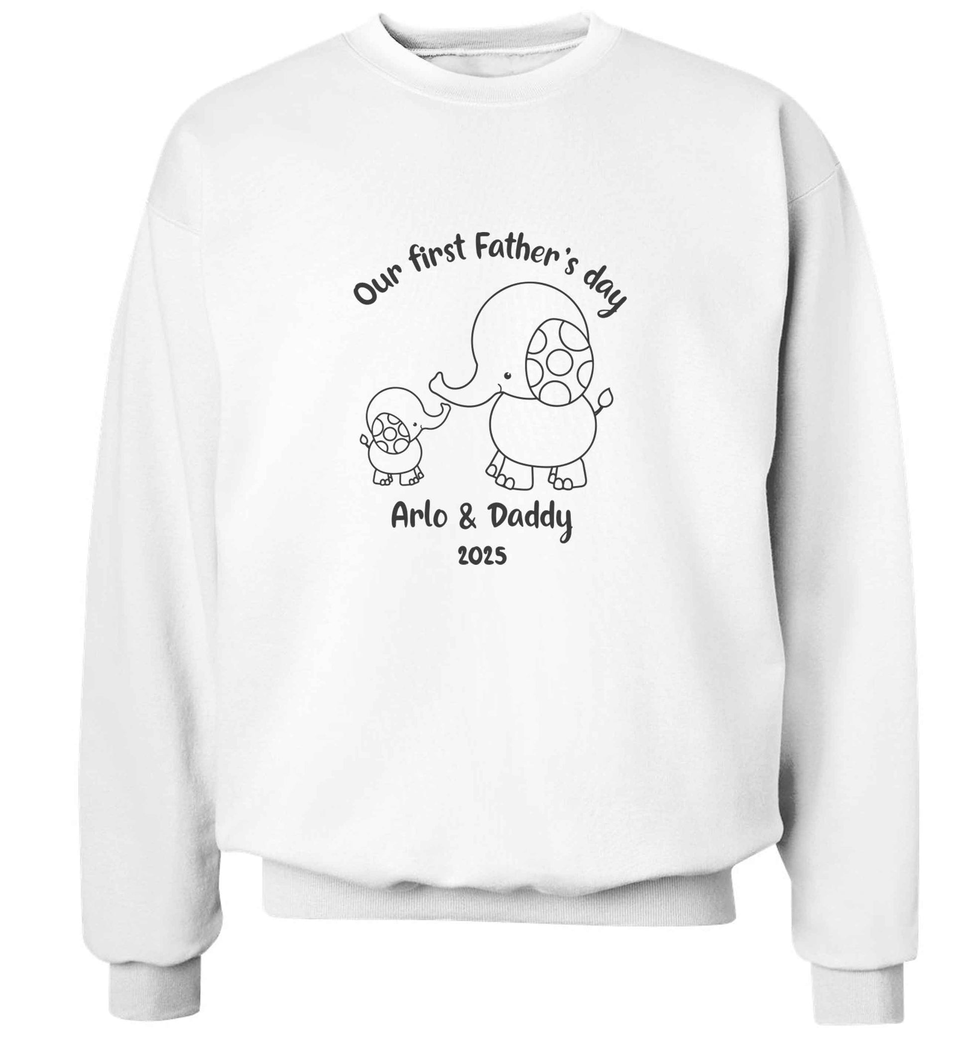 Our first Father's day personalised date and names adult's unisex white sweater 2XL