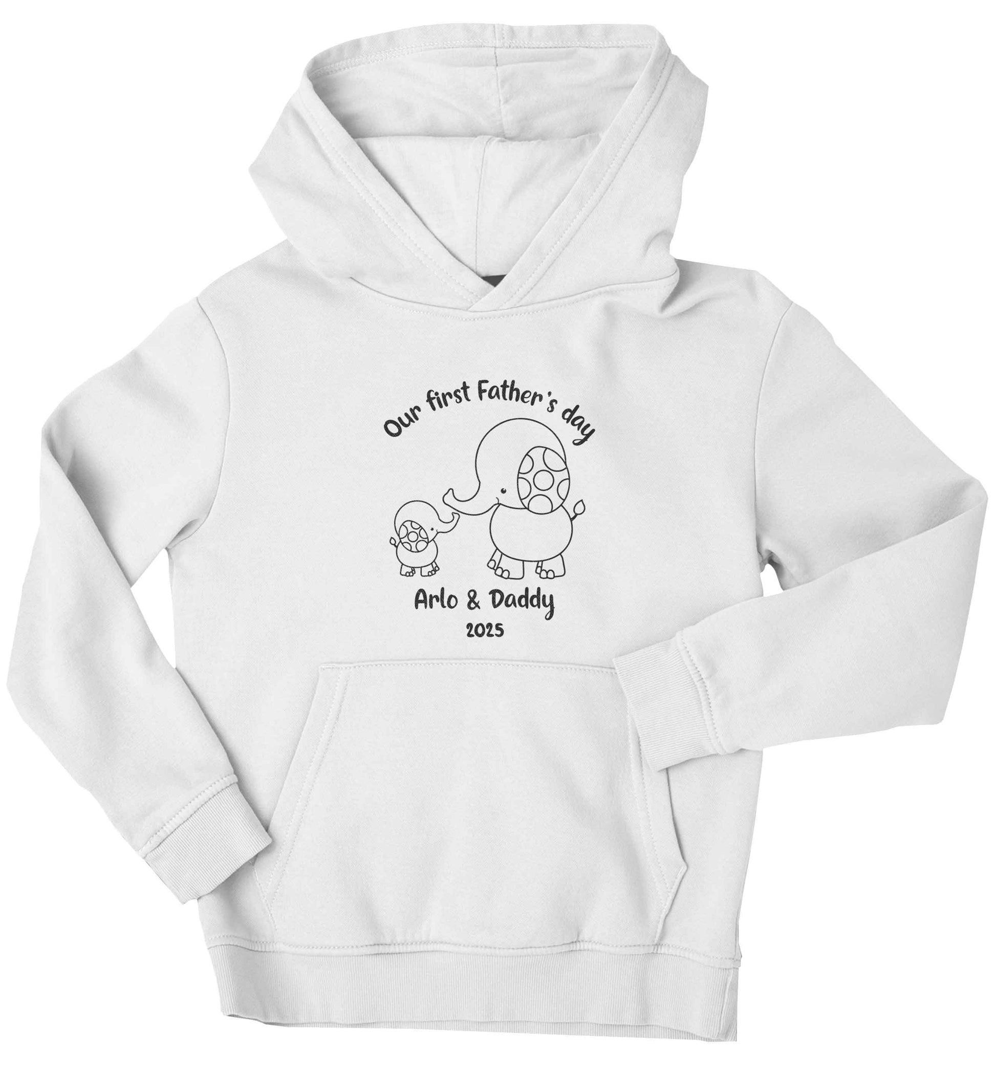 Our first Father's day personalised date and names children's white hoodie 12-13 Years