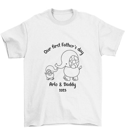 Our first Father's day personalised date and names Children's white Tshirt 12-13 Years