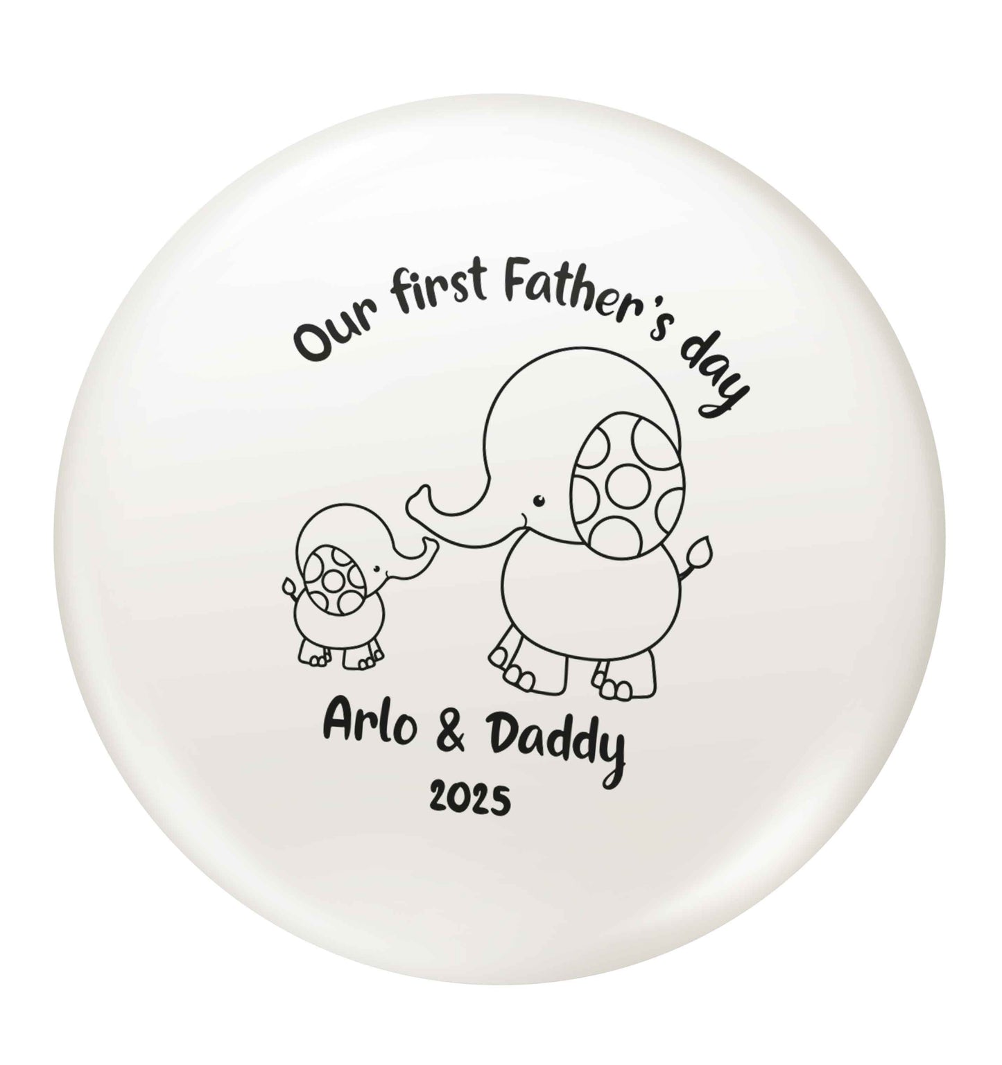 Our first Father's day personalised date and names small 25mm Pin badge