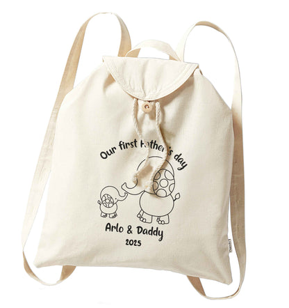 Our first Father's day personalised date and names organic cotton backpack tote with wooden buttons in natural