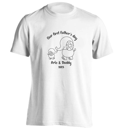 Our first Father's day personalised date and names adults unisex white Tshirt 2XL