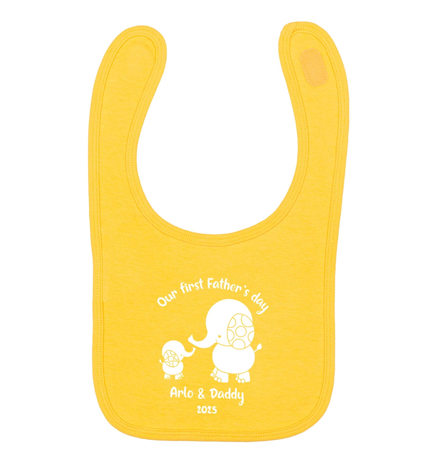 Our first Father's day personalised date and names yellow baby bib