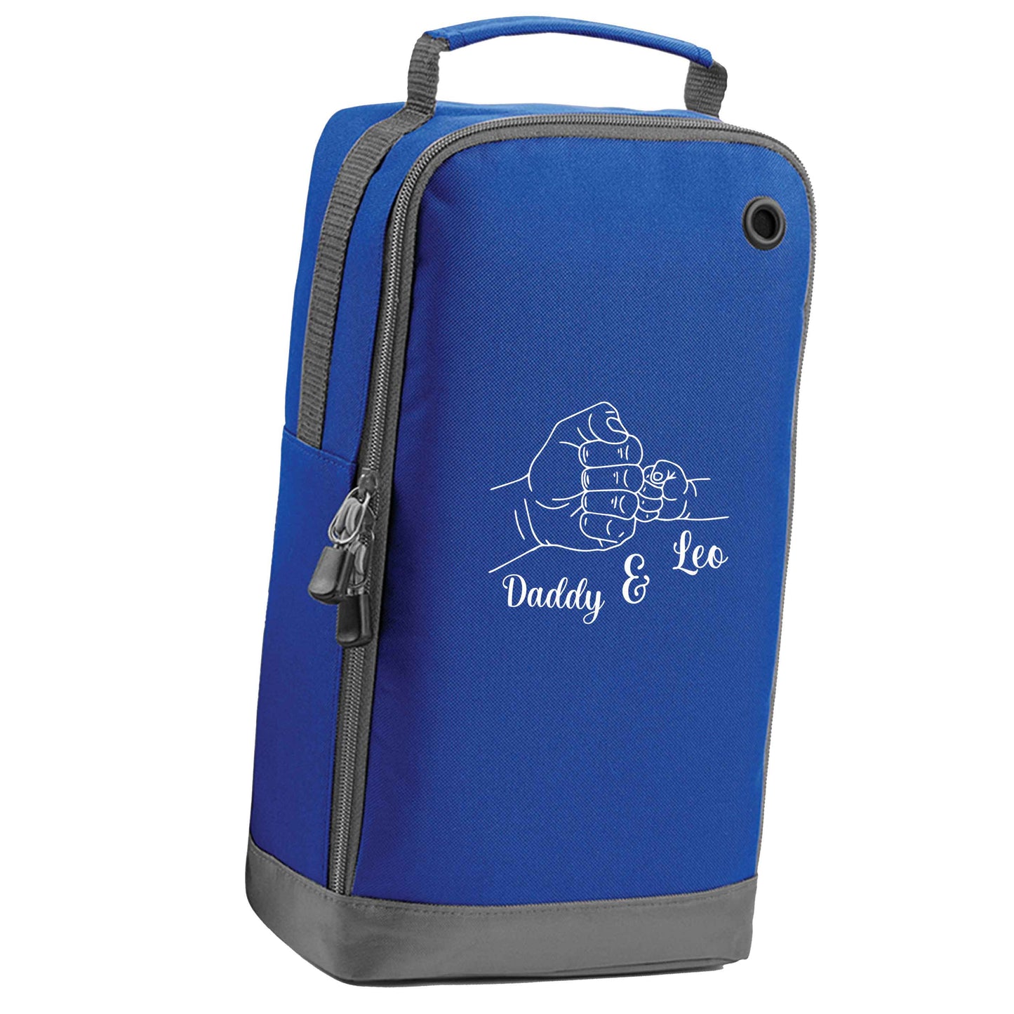 Personalised fist bump blue sports shoe bag vertical print