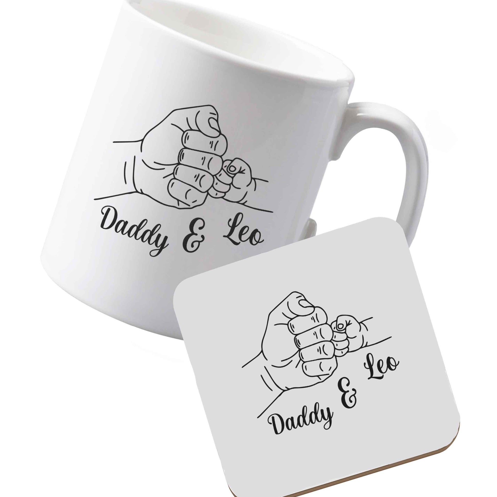 10 oz Ceramic mug and coaster Personalised fist bump left sided