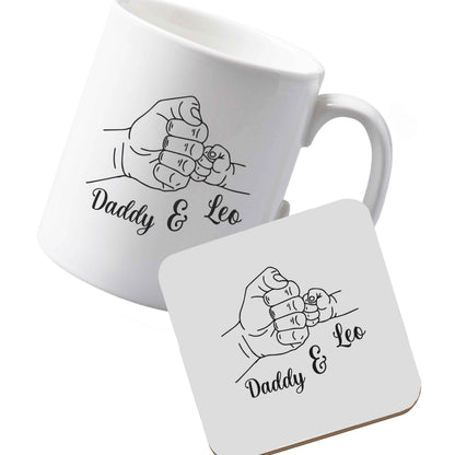 10 oz Ceramic mug and coaster Personalised fist bump left sided