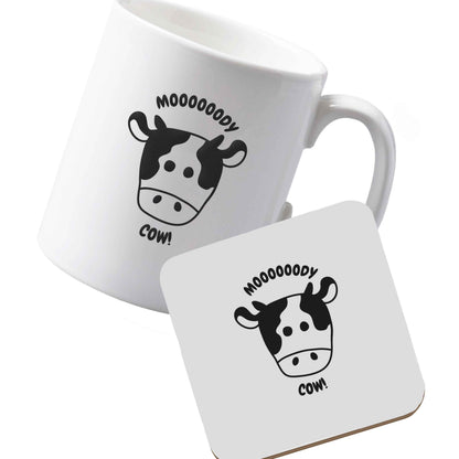 10 oz Ceramic mug and coaster Moody cow left sided