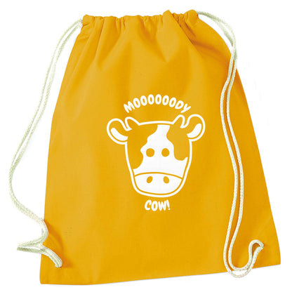 Moody cow mustard drawstring bag