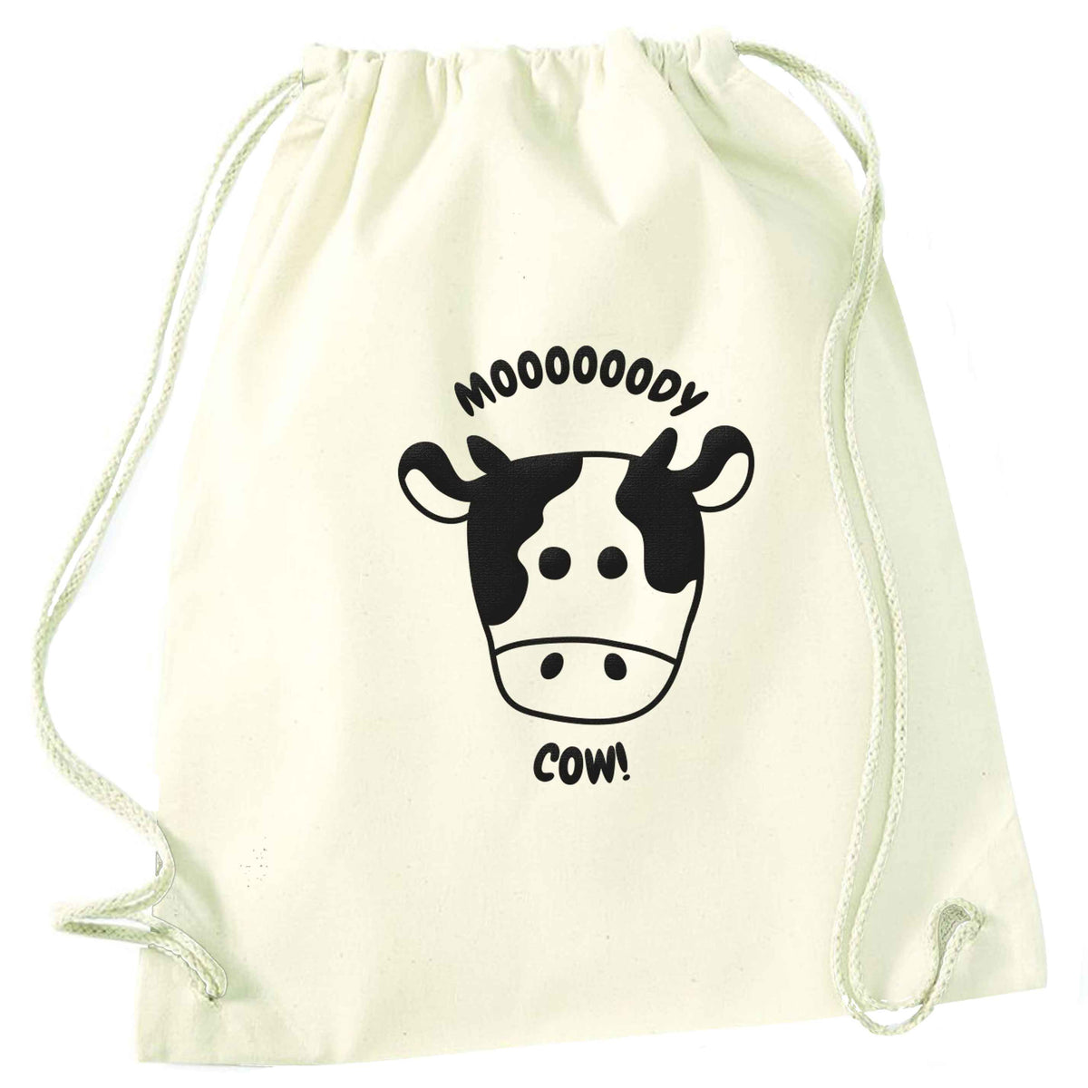 Moody cow natural drawstring bag