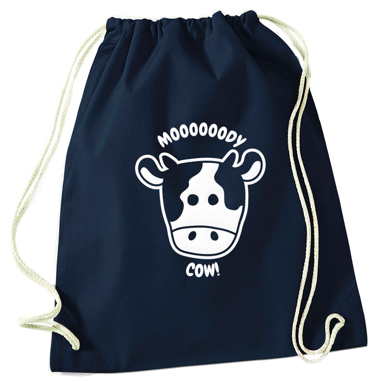 Moody cow navy drawstring bag