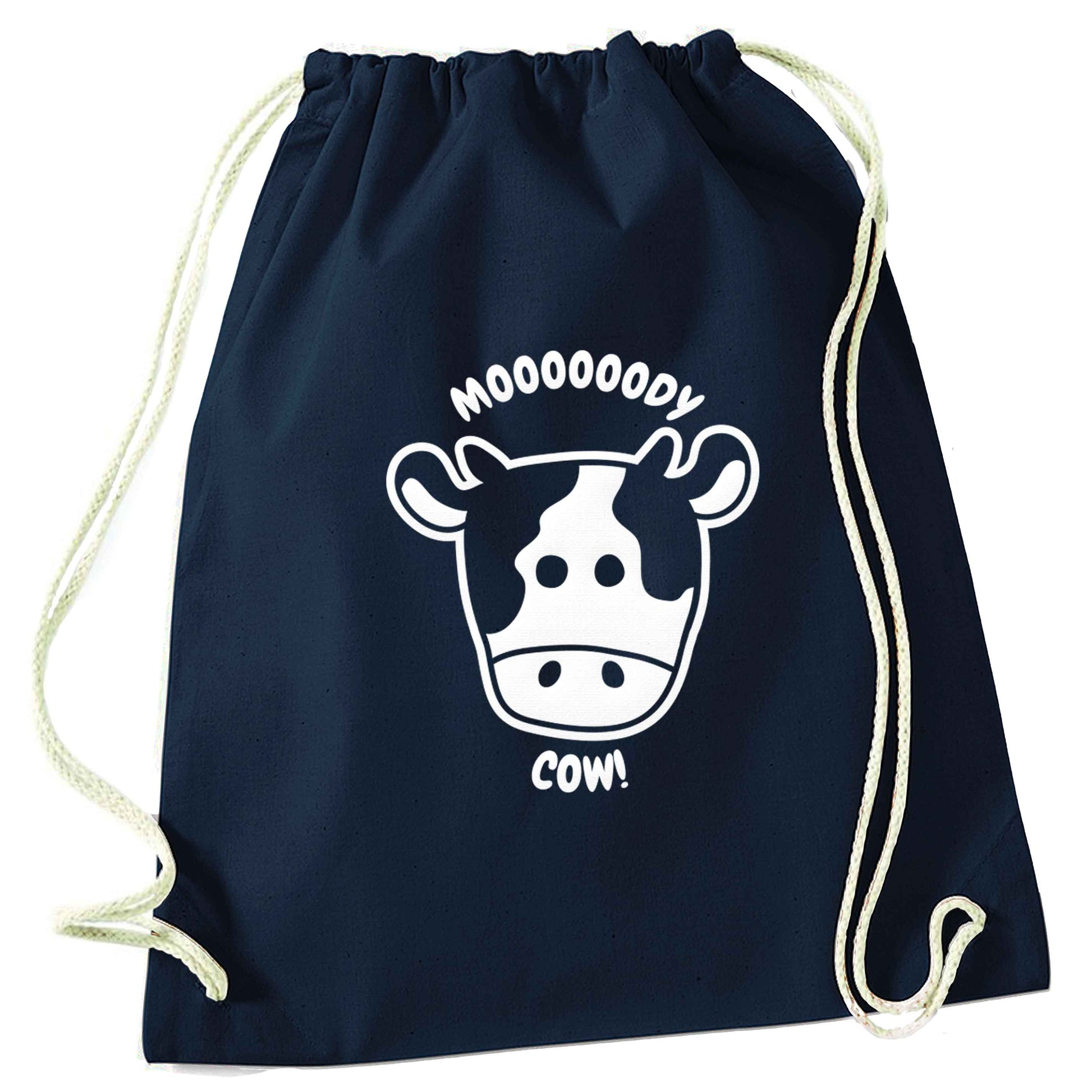 Moody cow navy drawstring bag