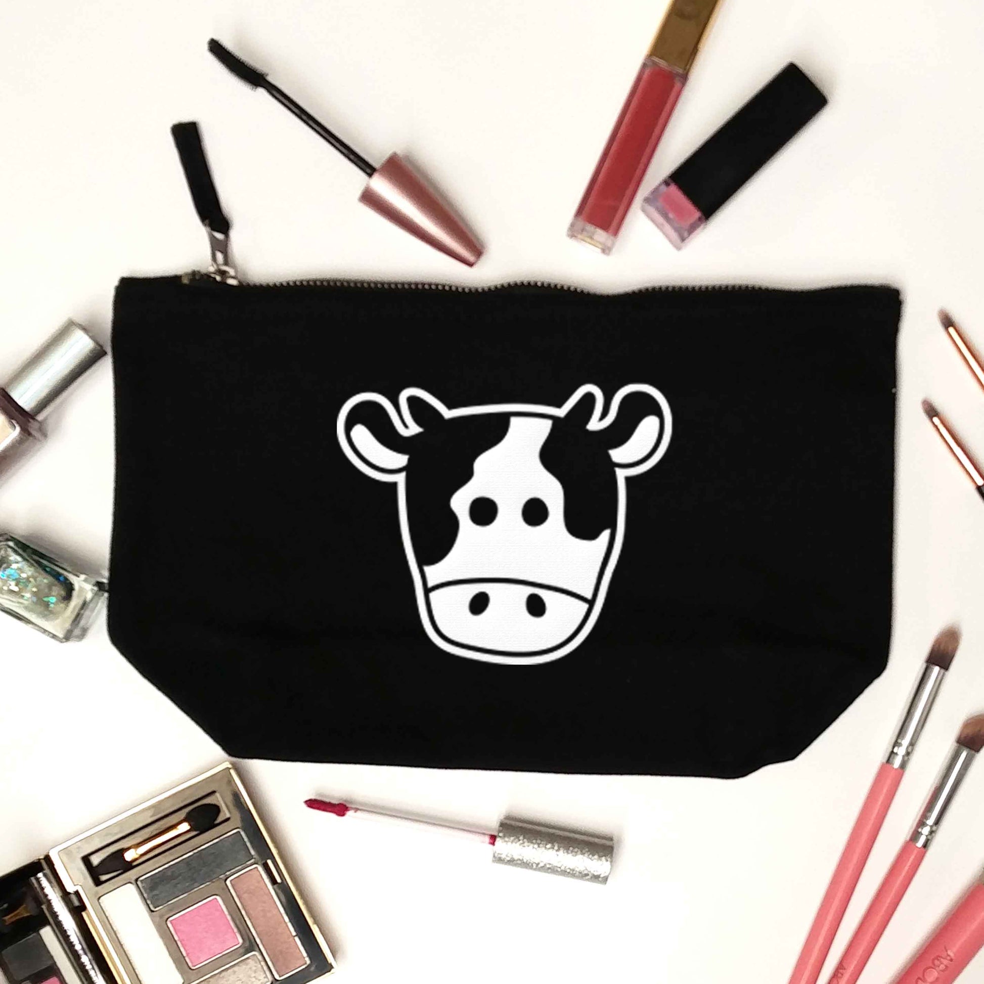 Cow illustration - pocket design black makeup bag