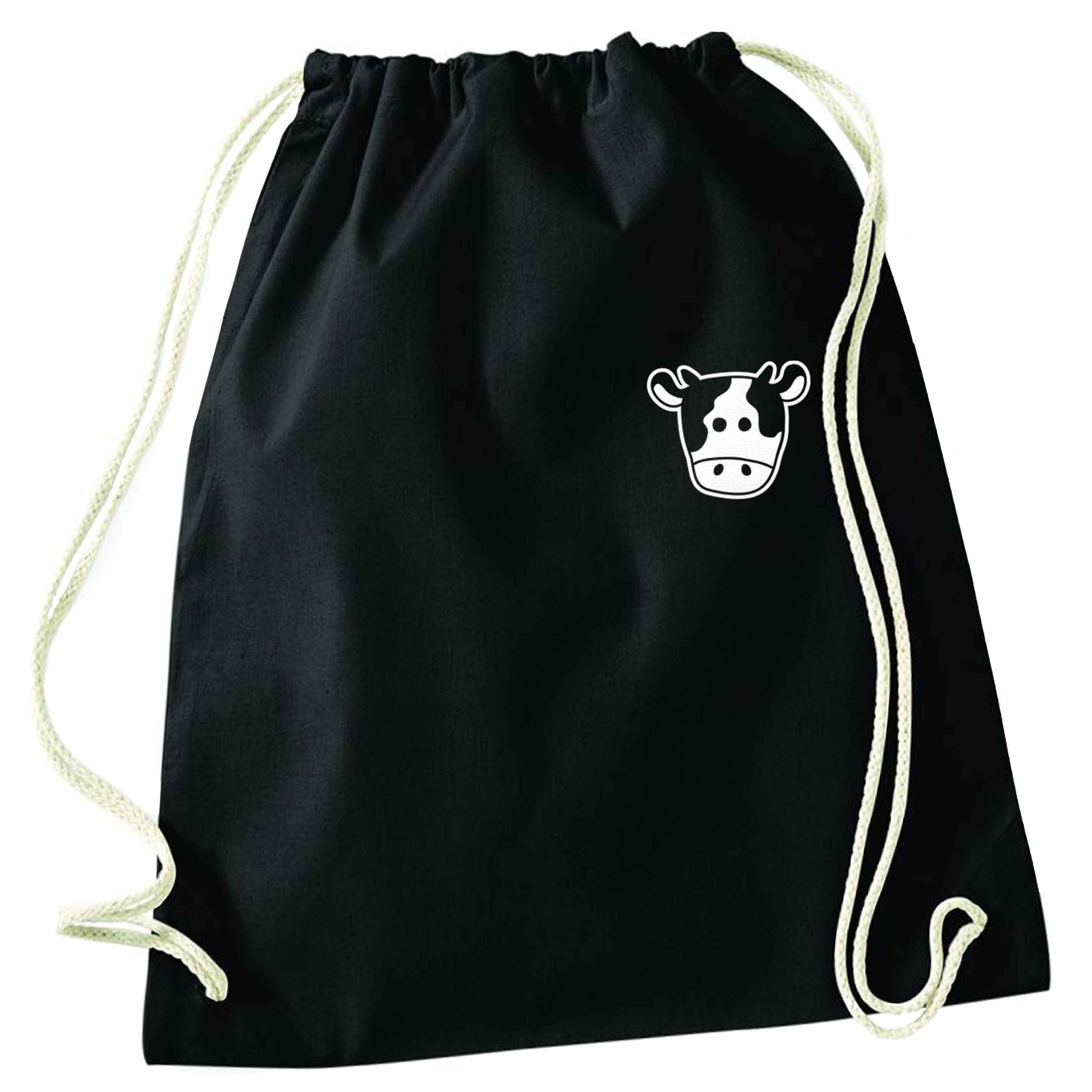 Cow illustration - pocket design black drawstring bag