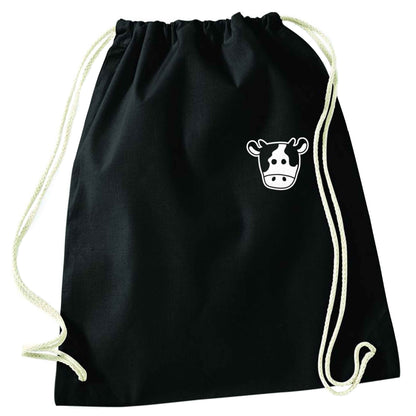 Cow illustration - pocket design black drawstring bag