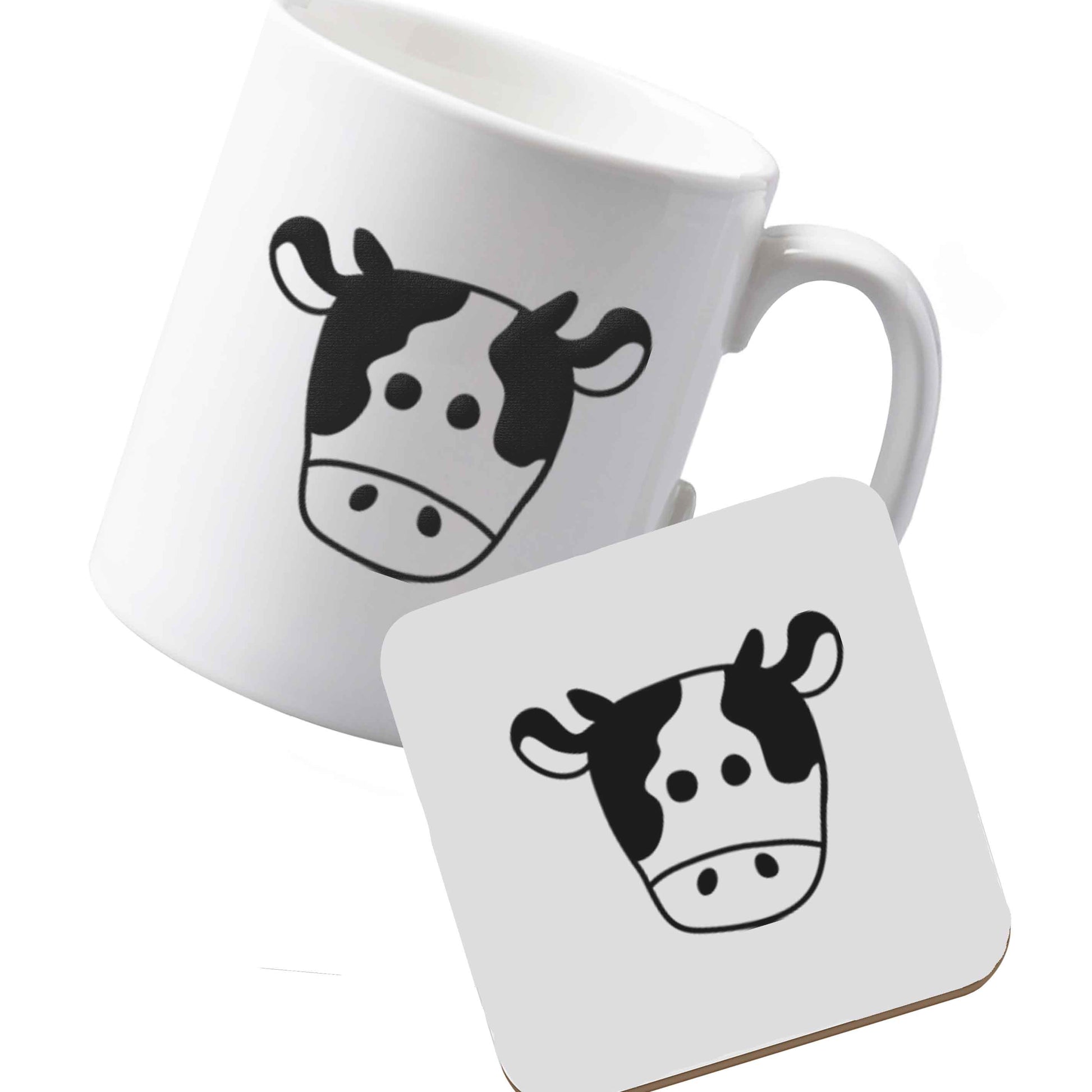 10 oz Ceramic mug and coaster Cow illustration - pocket design left sided