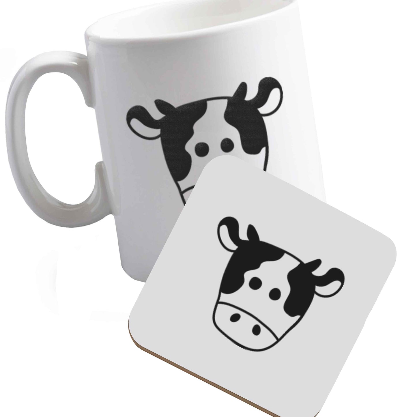 10 oz Ceramic mug and coaster Cow illustration - pocket design both sides