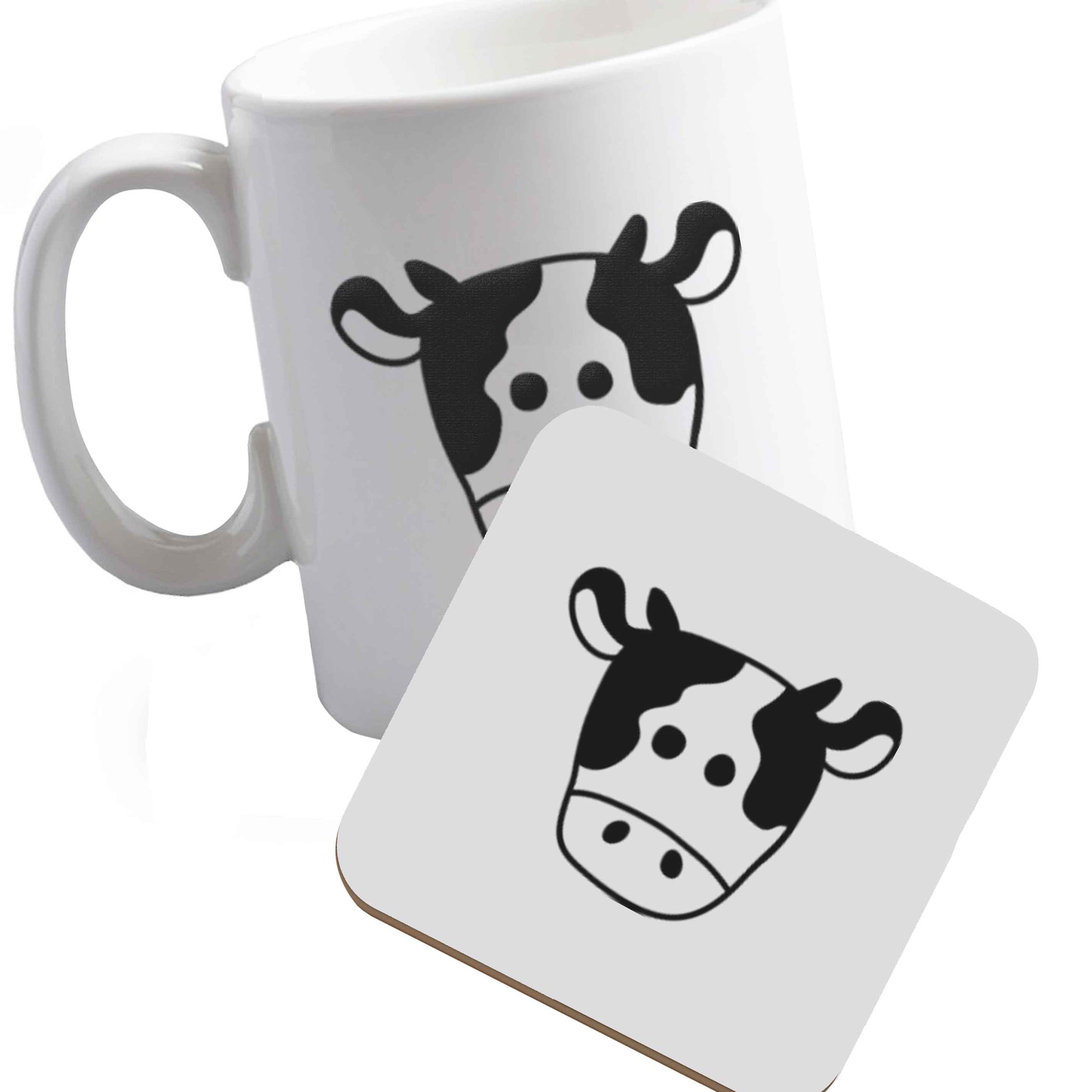 10 oz Ceramic mug and coaster Cow illustration - pocket design both sides