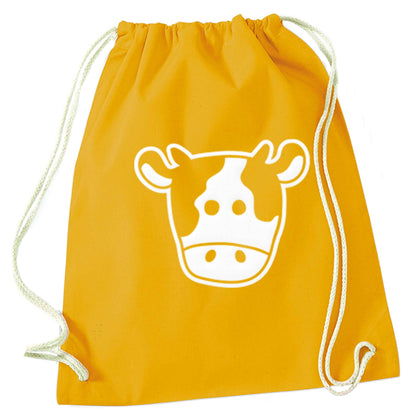 Cow illustration - pocket design mustard drawstring bag