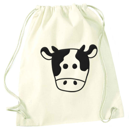 Cow illustration - pocket design natural drawstring bag