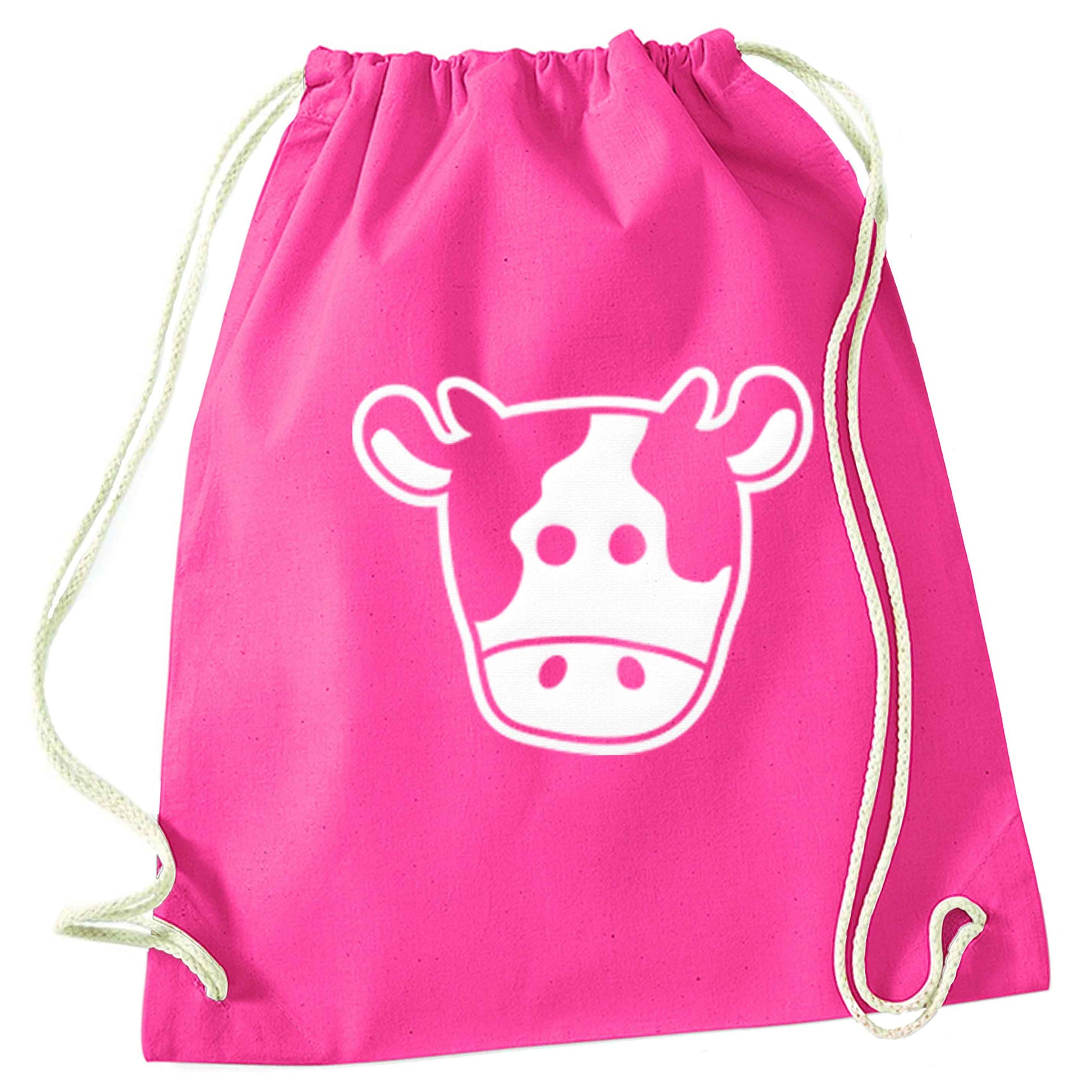Cow illustration - pocket design pink drawstring bag