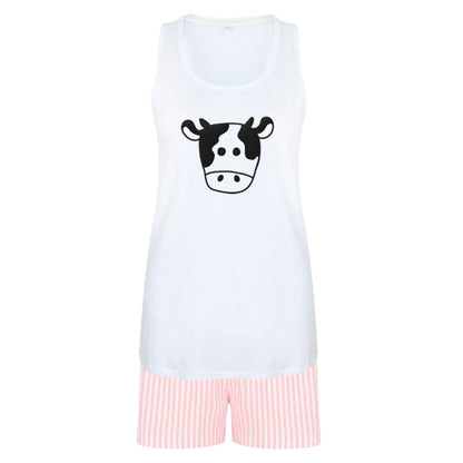 Cow illustration - pocket design size XL women's pyjama shorts set in pink 