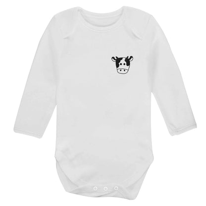 Cow illustration - pocket design baby bodysuit long sleeved white 6-12 months