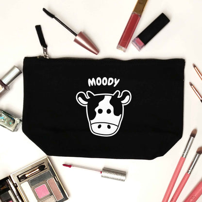 Moody cow illustration black makeup bag