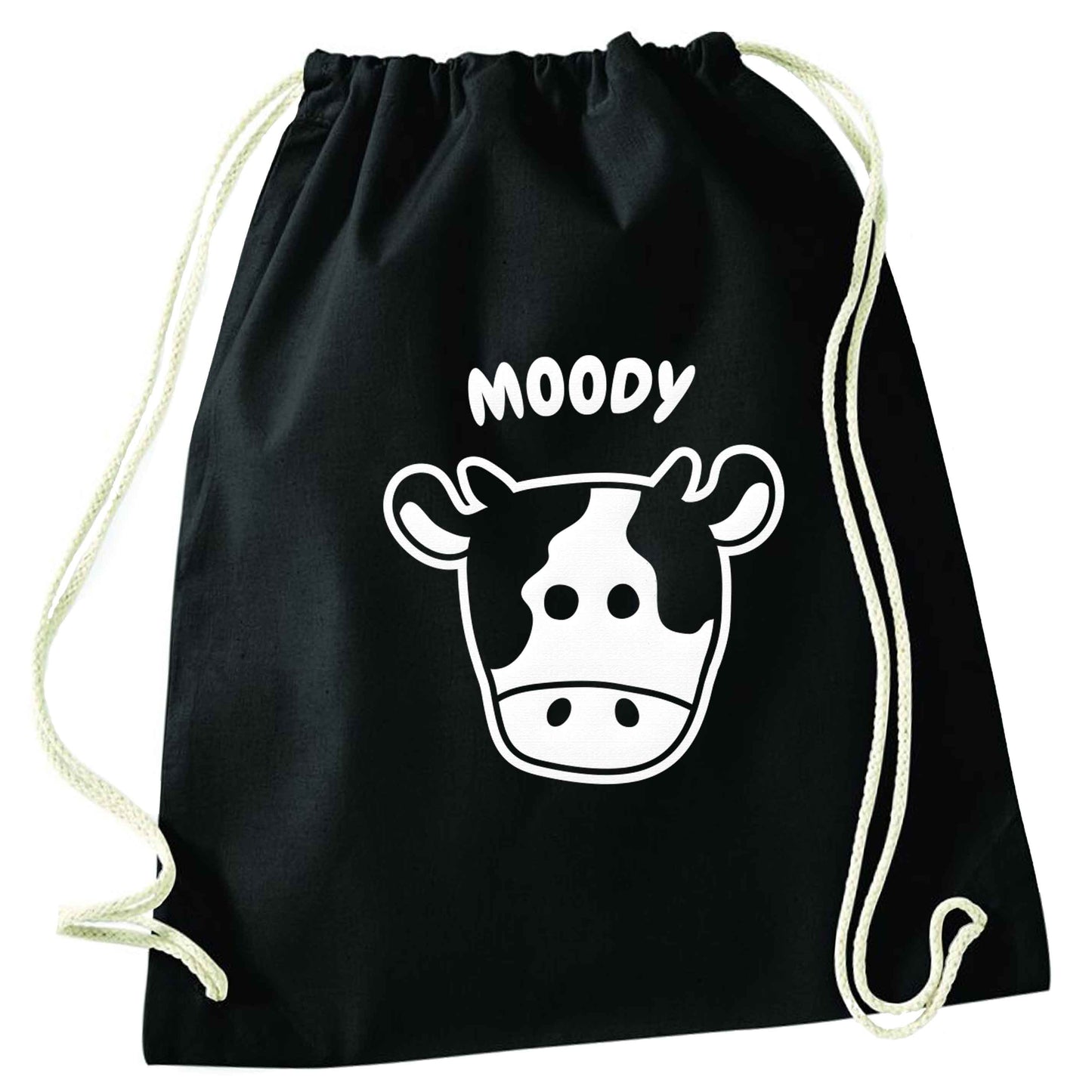 Moody cow illustration black drawstring bag
